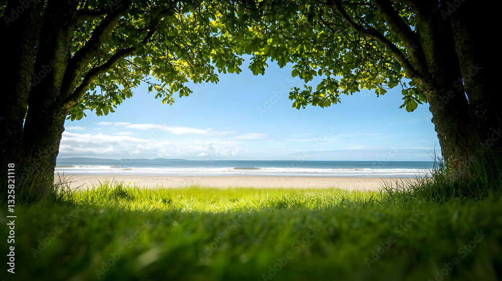 Fototapeta premium Scenic Beach View Framed By Lush Green Trees