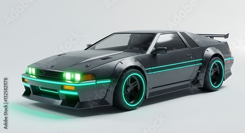 A cyberpunk-inspired car with neon lighting and a futuristic look, on white
