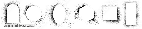 Set of black frames, various spray stencils isolated on white background. Urban street graffiti style. Airbrush paint splatter borders, grunge street art with splash effect and drops. Vector