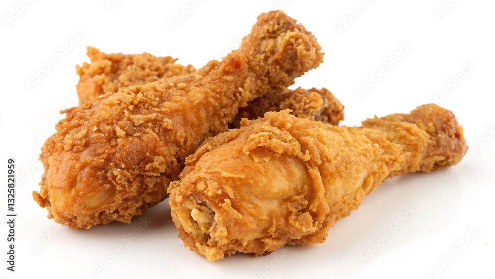 Crispy Fried Chicken Drumsticks with Golden-Brown Coating, Isolated on a White Background, Professional Food Stock Image emphasizing delicious comfort food appeal. Crispy Fried Chicken Drumsticks with Golden-Brown Coating, Isolated on a White Background, Professional Food Stock Image emphasizing delicious comfort food appeal.