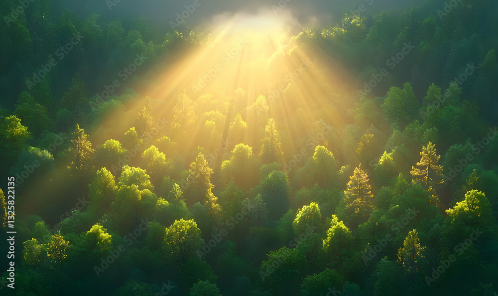 Fototapeta premium Soft Sunlight Streaming Through Forest Canopy in Early Morning