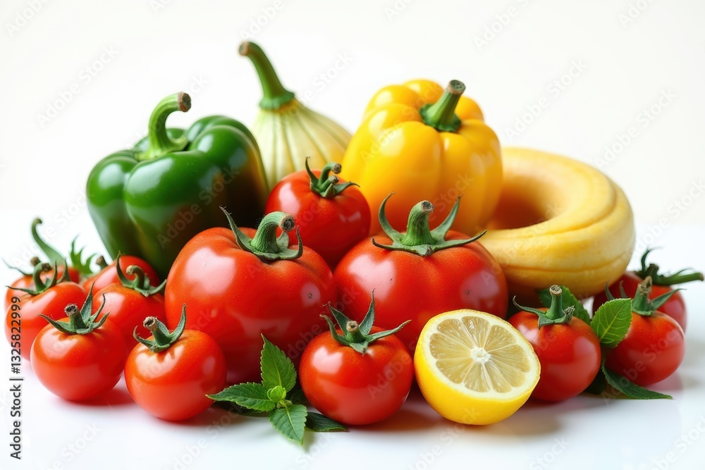 Fresh Vegetables with Tomatoes, Bell Peppers, Lemon, and Squash on White Background Fresh Vegetables with Tomatoes, Bell Peppers, Lemon, and Squash on White Background