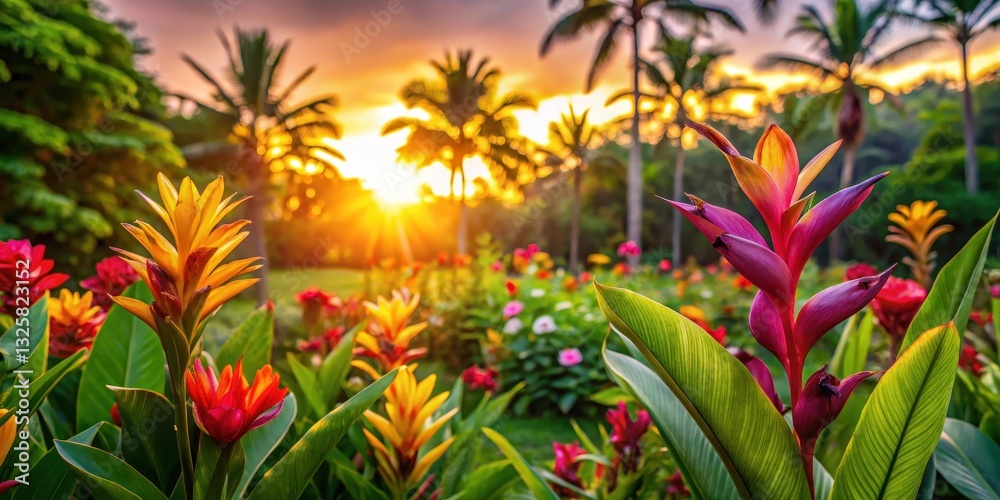Fototapeta premium Colorful tropical flowers blooming in a lush garden at sunrise, sunrise, nature