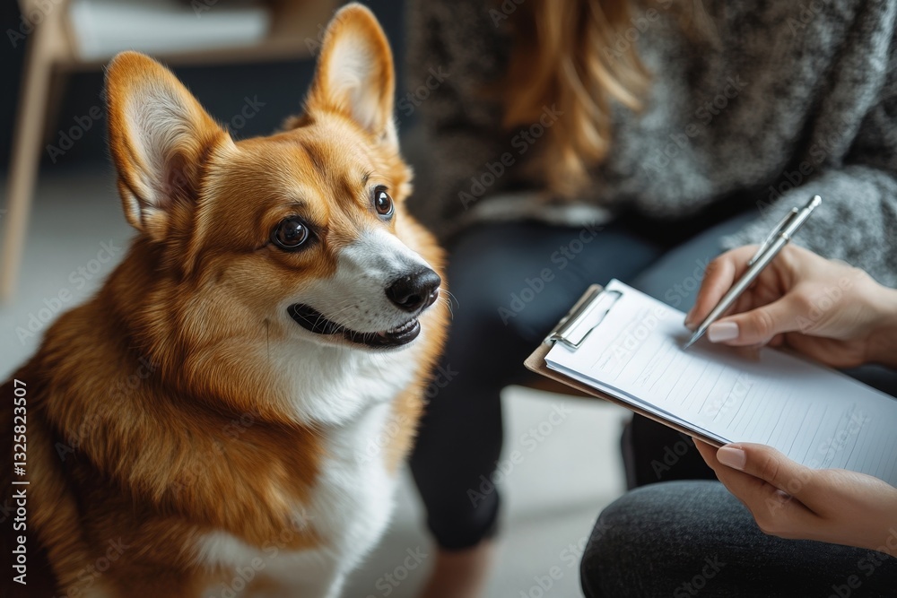 Adorable Welsh Corgi Dog Sitting Attentively Veterinary Visit Cute Puppy Pet Animal Healthcare Medical
