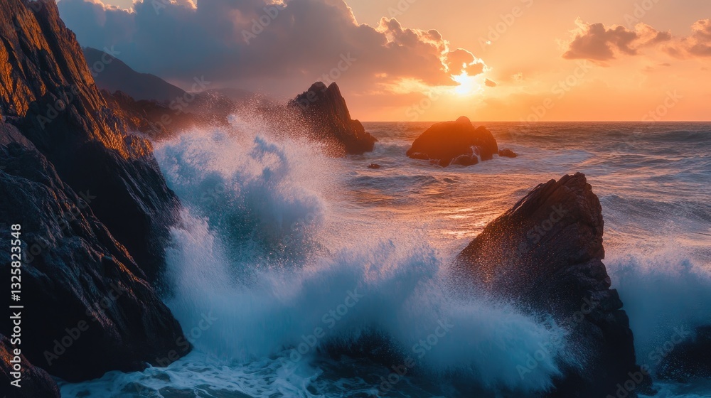 Fototapeta premium Sunset Over Rocky Coastline with Waves Crashing Dramatically
