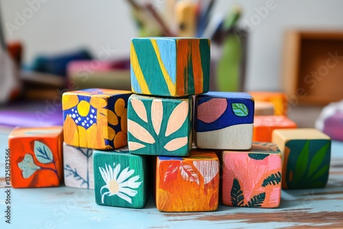 Stacking wooden blocks painted in vibrant, non-toxic colors.