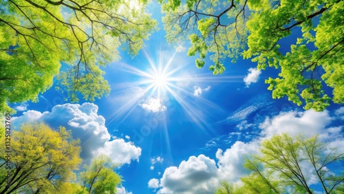 A bright sunny sky with a few white clouds scattered across it, a clear spring day with a gentle breeze blowing gently through the trees , white clouds, clear spring