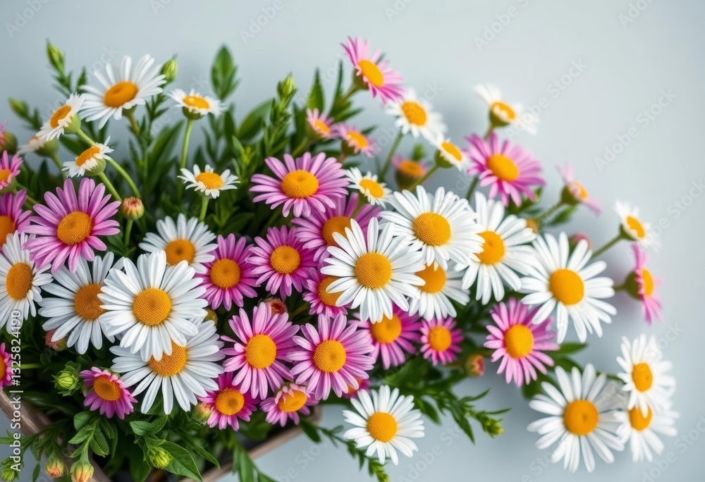 Fototapeta premium A charming corner bouquet of daisies, lush green foliage accents, wedding, floral corner