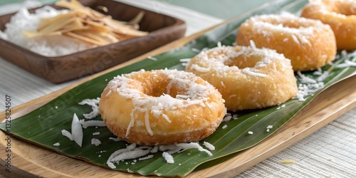 Thai Dessert Concept. Delectable Coconut Donuts arranged on a vibrant green banana leaf, a delightful tropical treat. Sweet, golden-brown, and exquisitely presented. photo