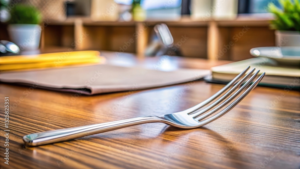 Steel metal table fork isolated on a modern wooden desk, with a blurred background of office supplies and paperwork , fork, desk Steel metal table fork isolated on a modern wooden desk, with a blurred background of office supplies and paperwork , fork, desk