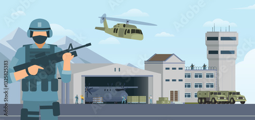 Military airbase background. Vector landscape illustration editable modular elements