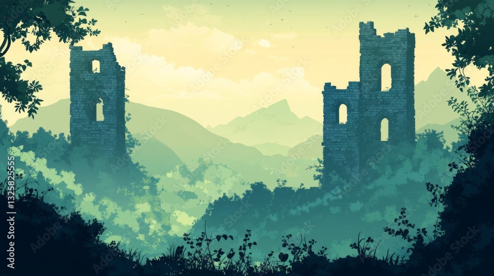 Obraz premium Misty Green Hills with Ancient Stone Ruins