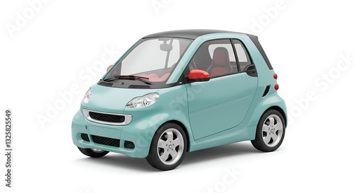 A tiny electric smart car, futuristic and cute, set against a white background