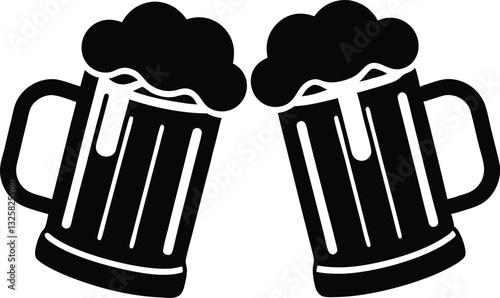 Beer mug silhouette vector, Two clinking beer mugs icon vector