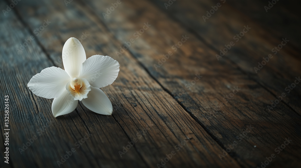 Minimalist pine wood texture with single orchid evoking sense of simple beauty and tranquility on weathered wooden surface Minimalist pine wood texture with single orchid evoking sense of simple beauty and tranquility on weathered wooden surface