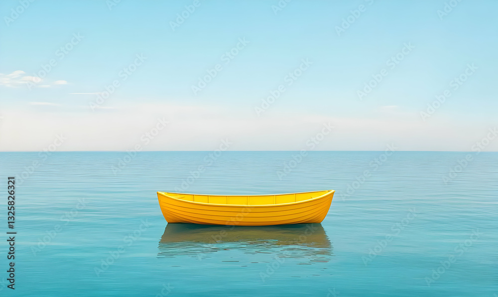 Naklejka premium Bright Yellow Boat Floating on Calm Ocean Water Under Clear Sky