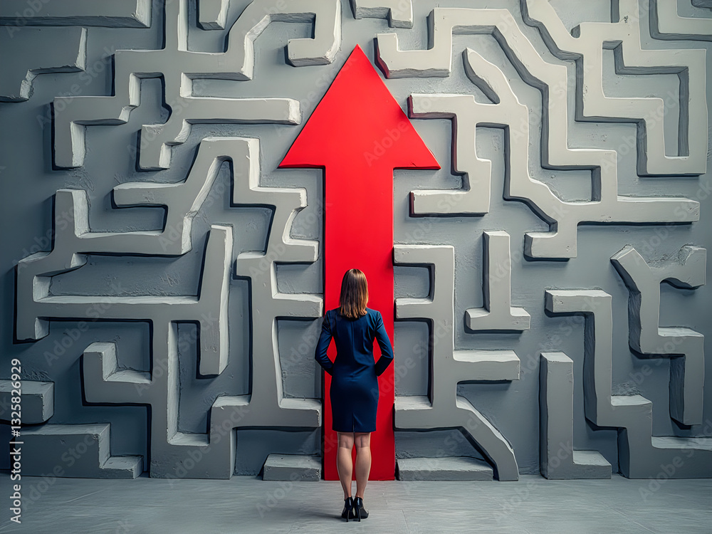 Woman stands before maze, red arrow points upward Woman stands before maze, red arrow points upward