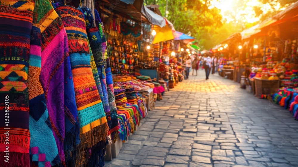Obraz premium Colorful Handcrafted Textiles at a Vibrant Outdoor Market Scene