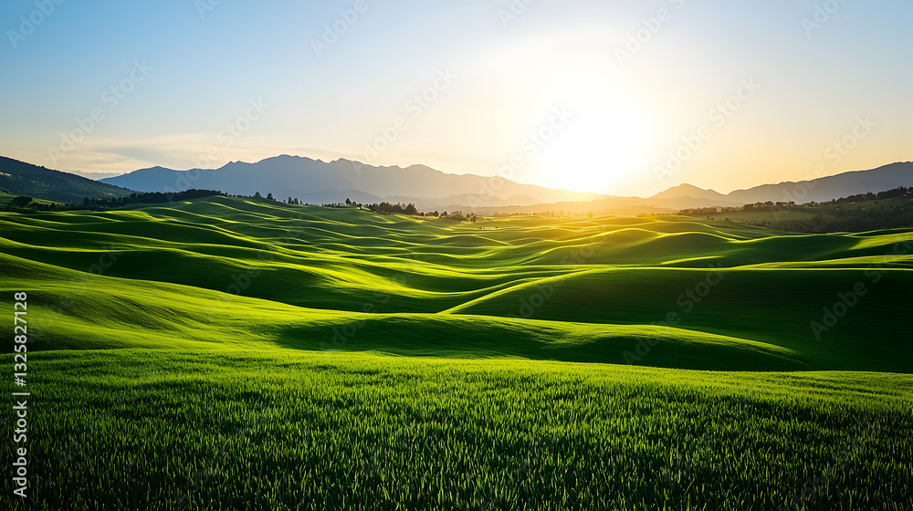 Obraz premium Sunrise Over Lush Green Hills and Distant Mountains