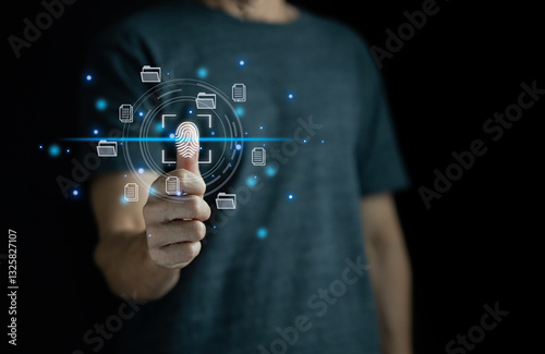 Cyber security concept. Man using thumb to scan finger print or for digital processing biometric identification to access security system includes internet banking, cloud system and mobile phone ,