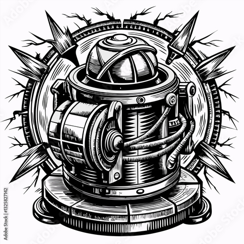 Futuristic Mechanical Device Illustration in Black and White with Detailed Components