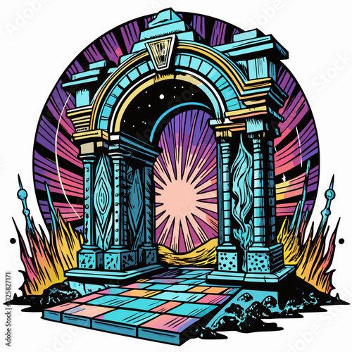 Fantasy Portal Archway with Cosmic Sunset Background Vibrant  Art