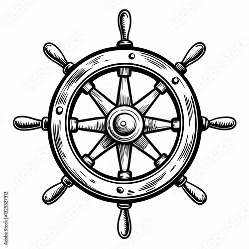 Nautical Ship Wheel Illustration Vintage Marine Steering Design in Black and White  Art