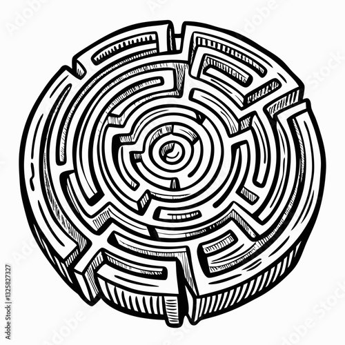 Intricate Circular Maze Illustration in Black and White Engraving Style