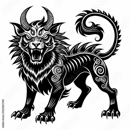 Fierce Mythical Beast in Tribal Art Style Roaring Hybrid Monster