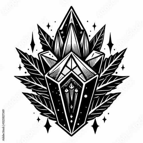 Intricate Geometric Crystal with Leaf Motif in Black and White  Art