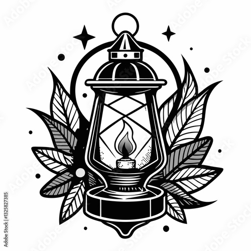 Vintage Lantern Design with Botanical Elements and Cosmic Accents