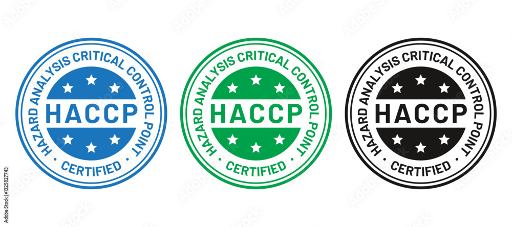 Obraz premium HACCP certified stamp. Hazard analysis and Critical Control Points round emblem. Food safety system badge. Quality warranty icon isolated on white background. Marketing sticker. Vector illustration.