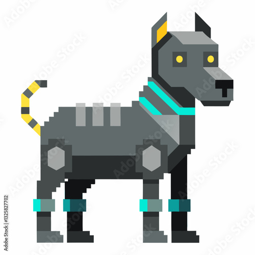 Geometric Robotic Dog Illustration in Pixel Art Style with Vibrant Accents