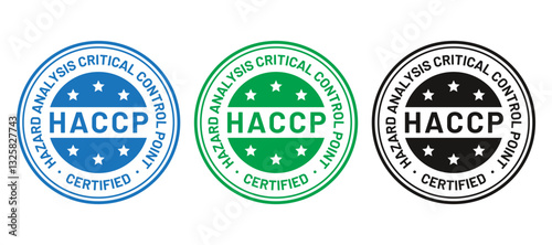 HACCP certified stamp. Hazard analysis and Critical Control Points round emblem. Food safety system badge. Quality warranty icon isolated on white background. Marketing sticker. Vector illustration.