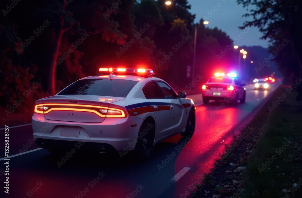 Fototapeta premium Traffic accident response with police cars at night on a wet road