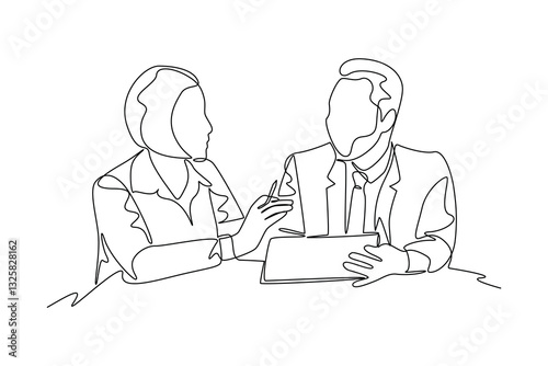 Single continuous line drawing of corporate staff discussion about company finance. Money savings, personal investment, finance, funding, bank deposit, capital accumulation. One line graphic design ve