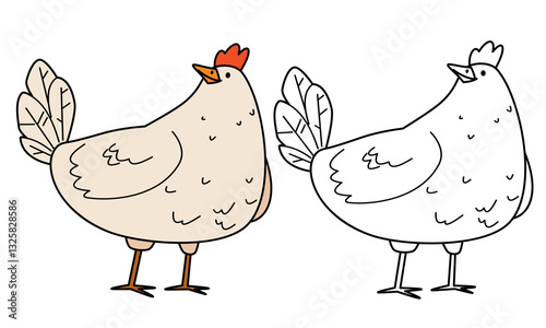 Flat vector illustration for children's coloring book. Cute chicken in black and white and color version. Farm pets . Vector illustration