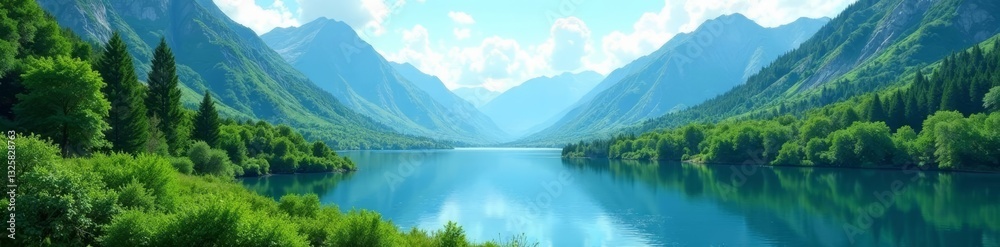 Fototapeta premium A seamless pattern of lush green forests, serene lakes, and majestic mountains, seamless, mountains