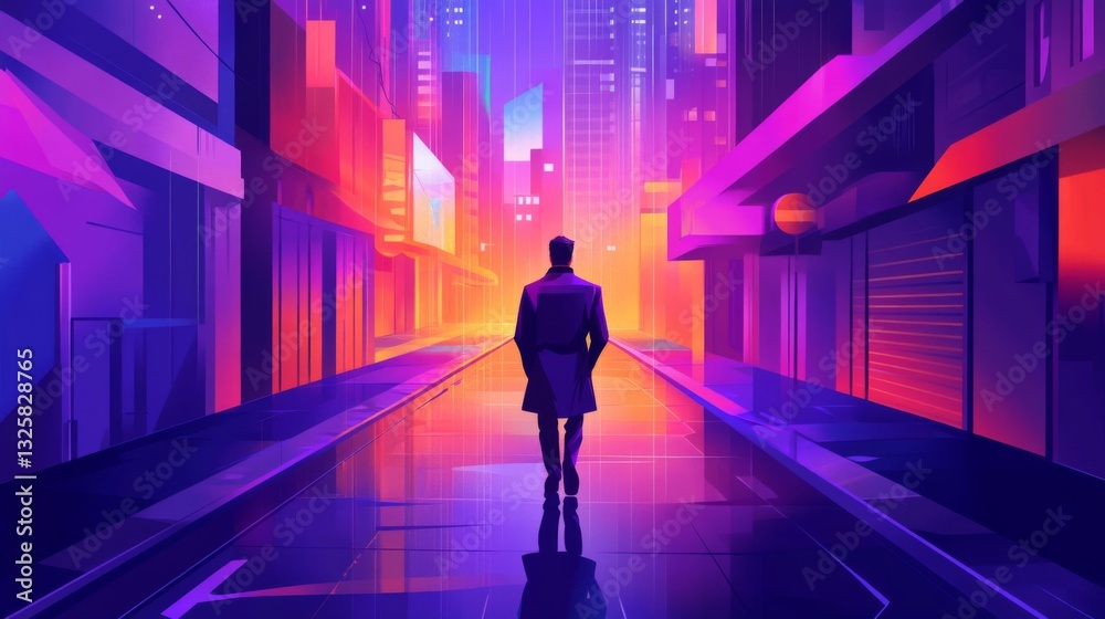 Man Walking in Neon City at Night Man Walking in Neon City at Night