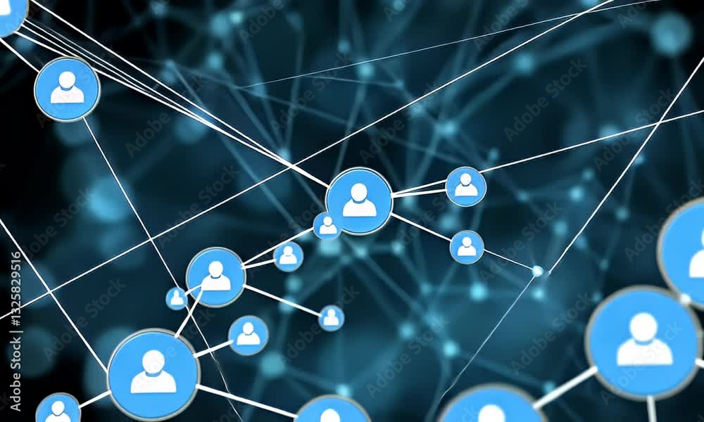 Connected avatars via linked lines form abstract pattern. Network communication on dark, blue bokeh background