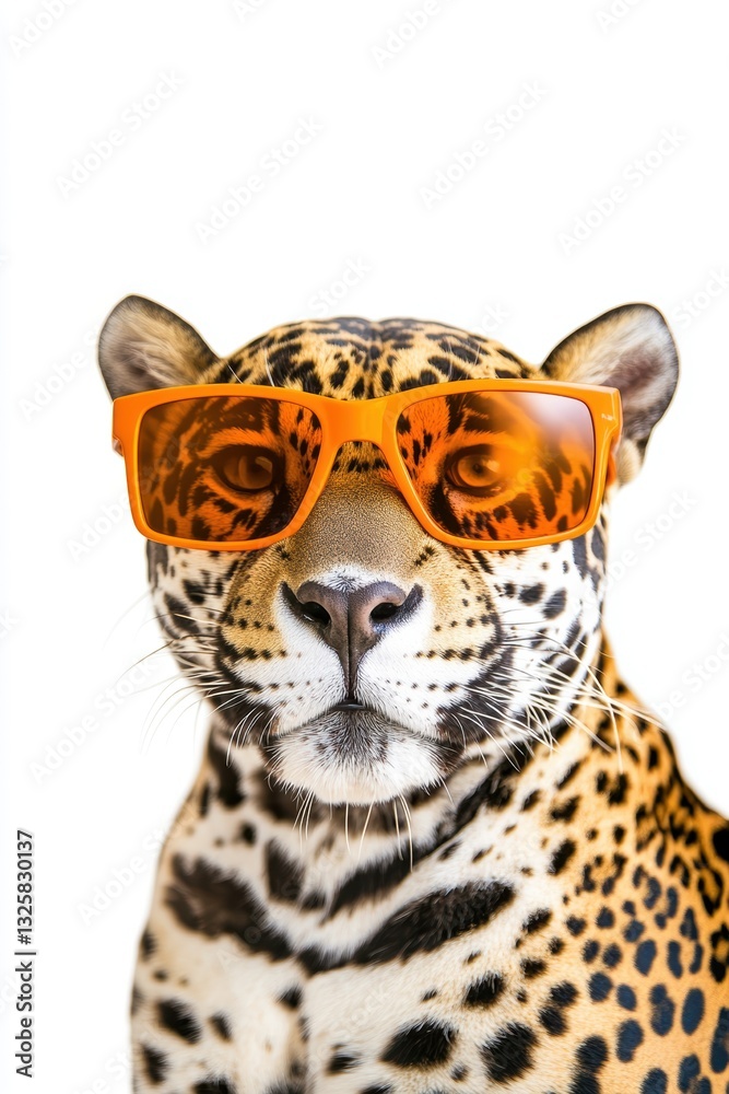 Obraz premium Lively leopard wearing orange sunglasses posing for the camera with a playful expression on a white background, perfect for wildlife and fashion themes.