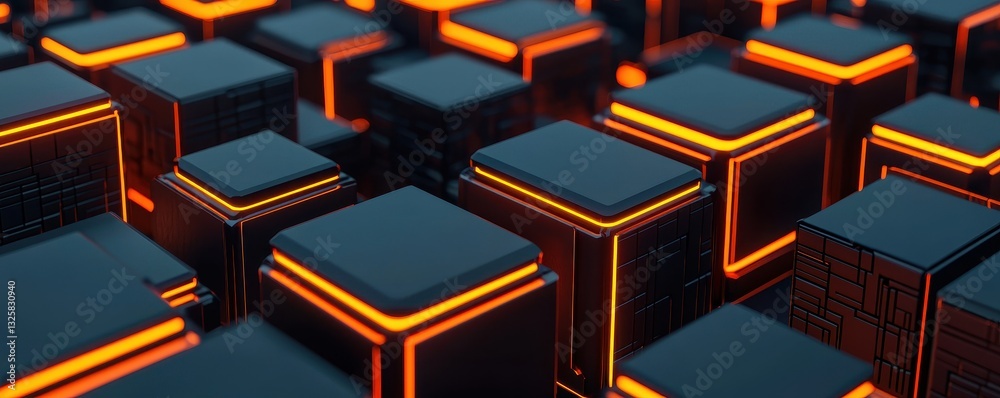 A close-up view of illuminated black cubes with glowing orange edges, creating a futuristic and abstract visual pattern. A close-up view of illuminated black cubes with glowing orange edges, creating a futuristic and abstract visual pattern.