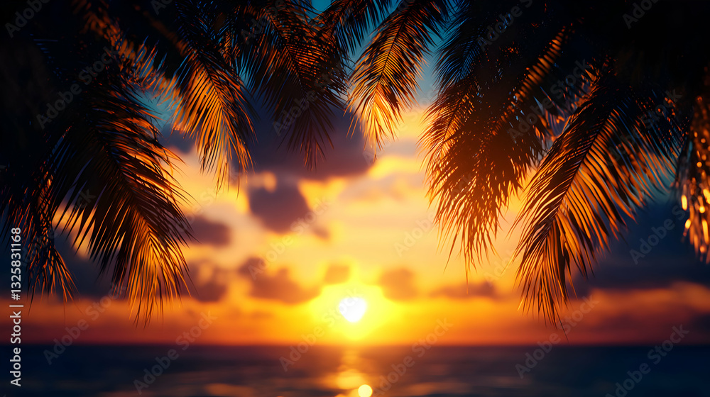 Obraz premium Tropical Sunset Through Palm Trees At Beach