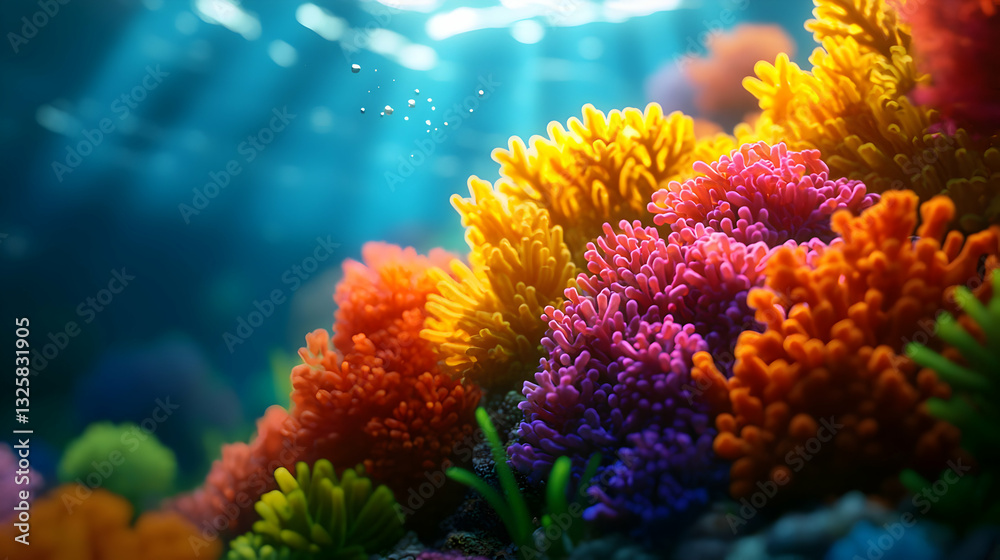 Fototapeta premium Vibrant Coral Reef Underwater Scene with Bright Colors and Sunlit Water Environment View