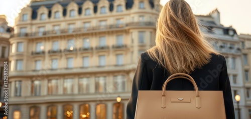 Obraz na płótnie Chic woman standing in front of a luxury hotel, carrying a designer bag and wearing head-to-toe high fashion w salonie