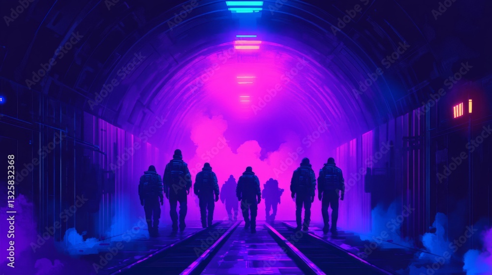 Obraz premium Silhouetted Figures Walking Through a Neon Lit Tunnel