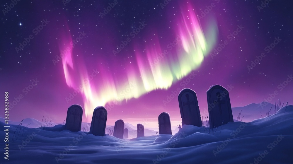Naklejka premium Aurora Borealis Over Snowy Graveyard at Night