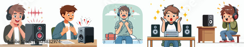 vector of a teenager feeling amazed by a new high-resolution audio track in a simple and minimalist flat design style