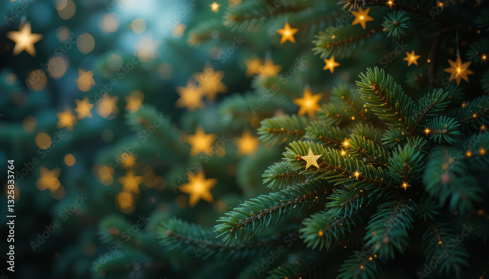 festive scene featuring evergreen branches adorned with glowing stars, creating magical atmosphere festive scene featuring evergreen branches adorned with glowing stars, creating magical atmosphere