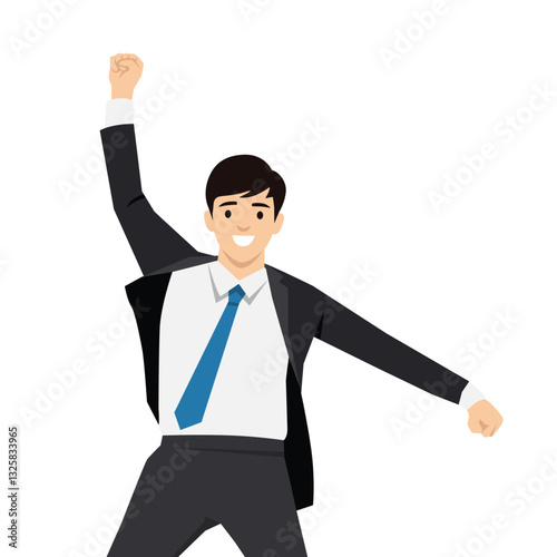 Cheerful businessman in a suit joyfully raises his fist in the air, excitement and success. Flat vector illustration isolated on white background